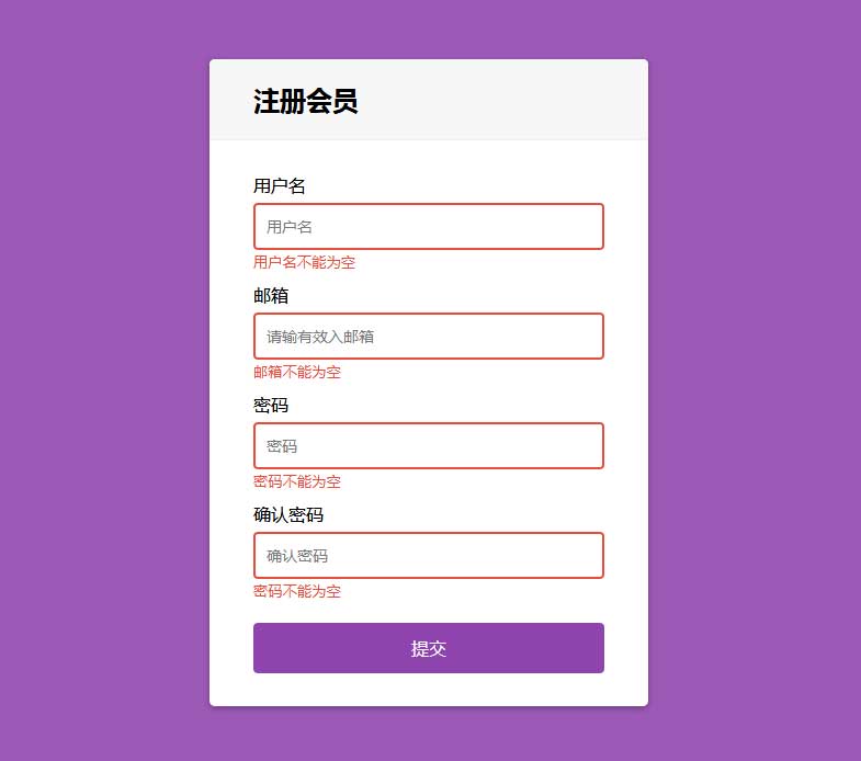 会员注册表单验证UI布局代码，单文本结果输出