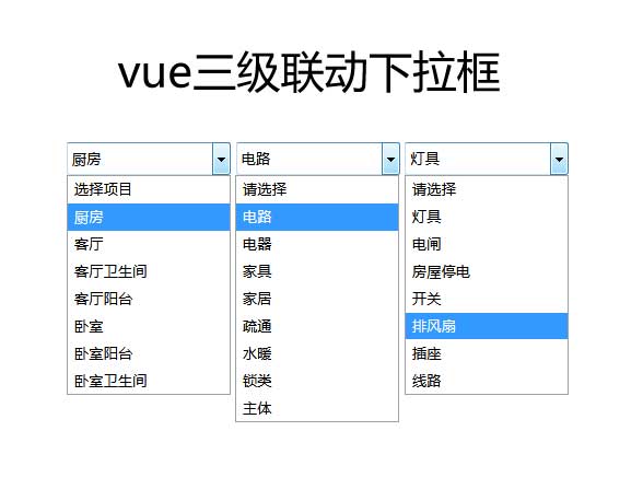 Vue三级联动下拉框，实现表单选择功能。