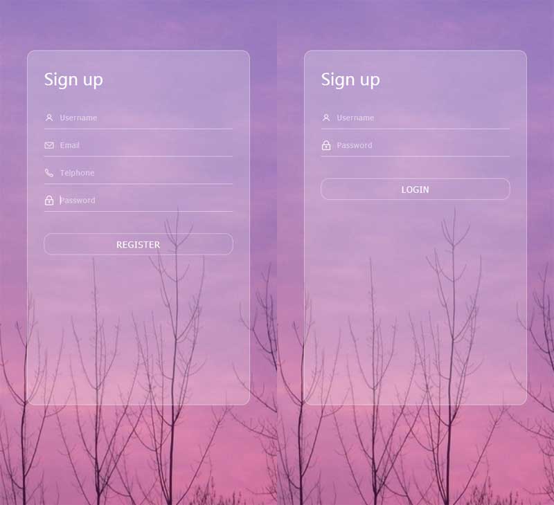 Mobile Website: English Login & Registration Page HTML Source Code