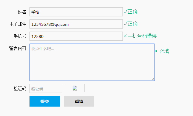 原生JS在线留言表单验证，简洁验证代码示例