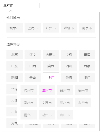 jQuery实现文本框点击下拉菜单选择城市功能的表单代码
