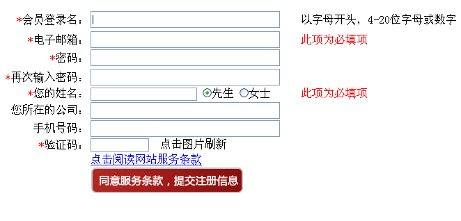 JS表单验证，简洁版会员注册表单验证与提交效果代码