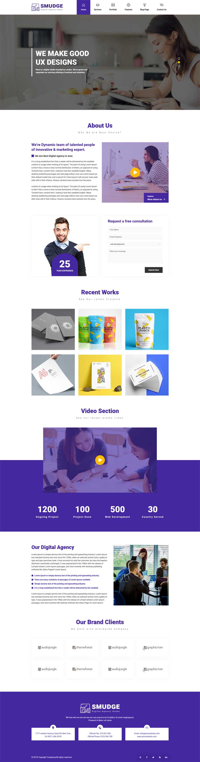 紫色大气风尚，专业平面设计HTML5企业网站模板