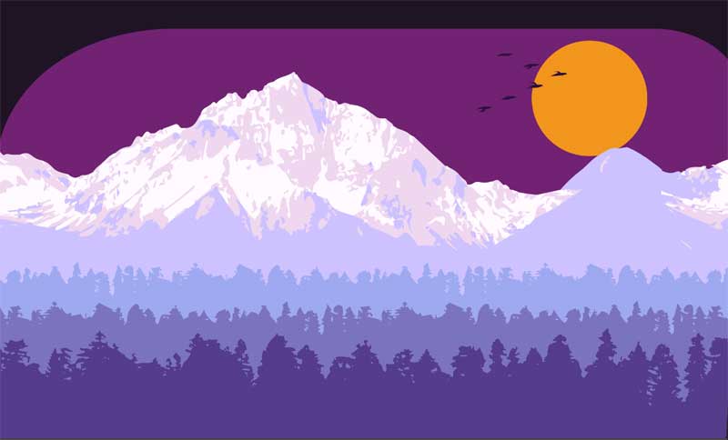 SVG森林雪山日落动画，精彩HTML5示例