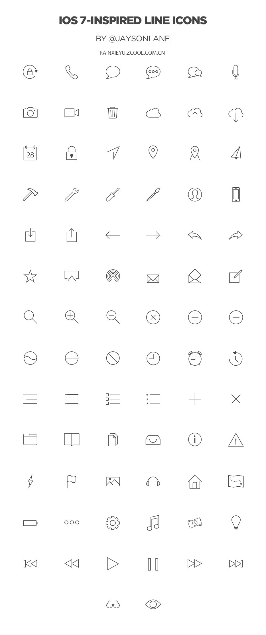 80款iOS 7风格网页简笔画工具图标，黑色线条PSD素材免费下载