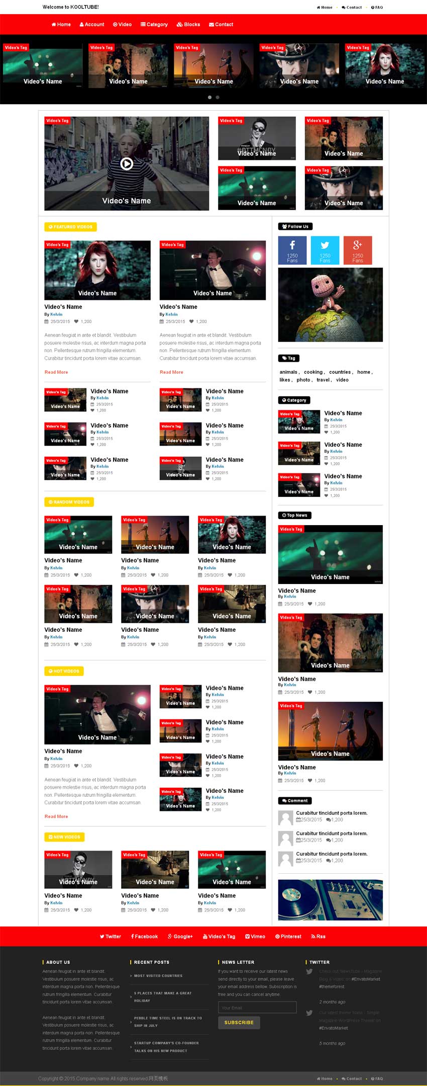 红色国外娱乐视频站点模板，HTML5+CSS3，响应式设计