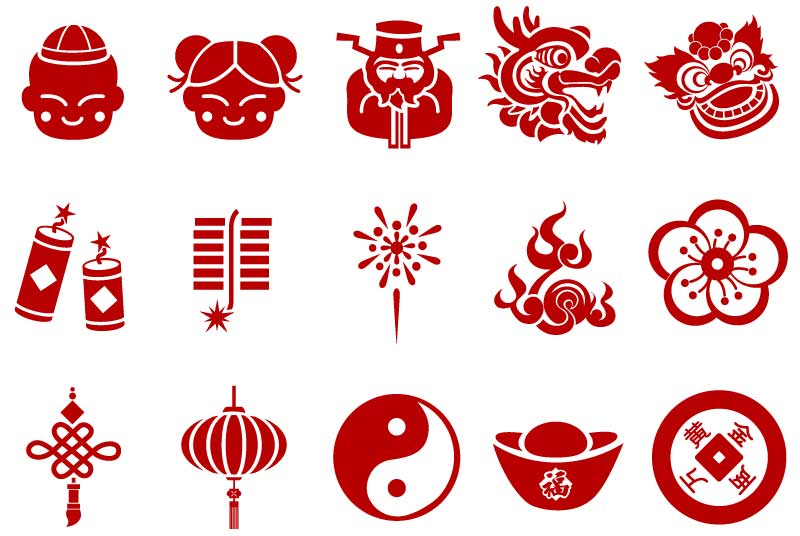 中国红风格节日剪纸AI图标素材，喜庆元素丰富