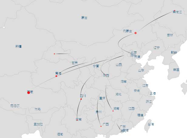 HTML5 Canvas绘制中国地图，各省坐标连线至北京效果展示实例