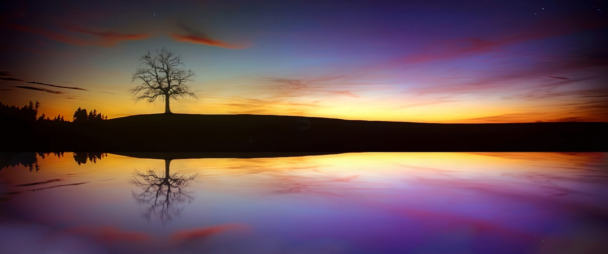 傍晚湖畔天空美景，树影婆娑，唯美意境4K高清壁纸3440x1440下载