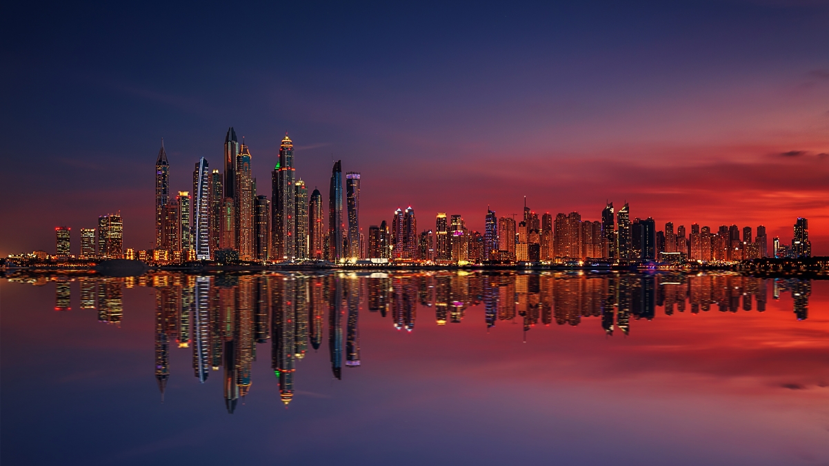 迪拜码头夜景，绝美日落4K高清壁纸，3840x2160超清下载