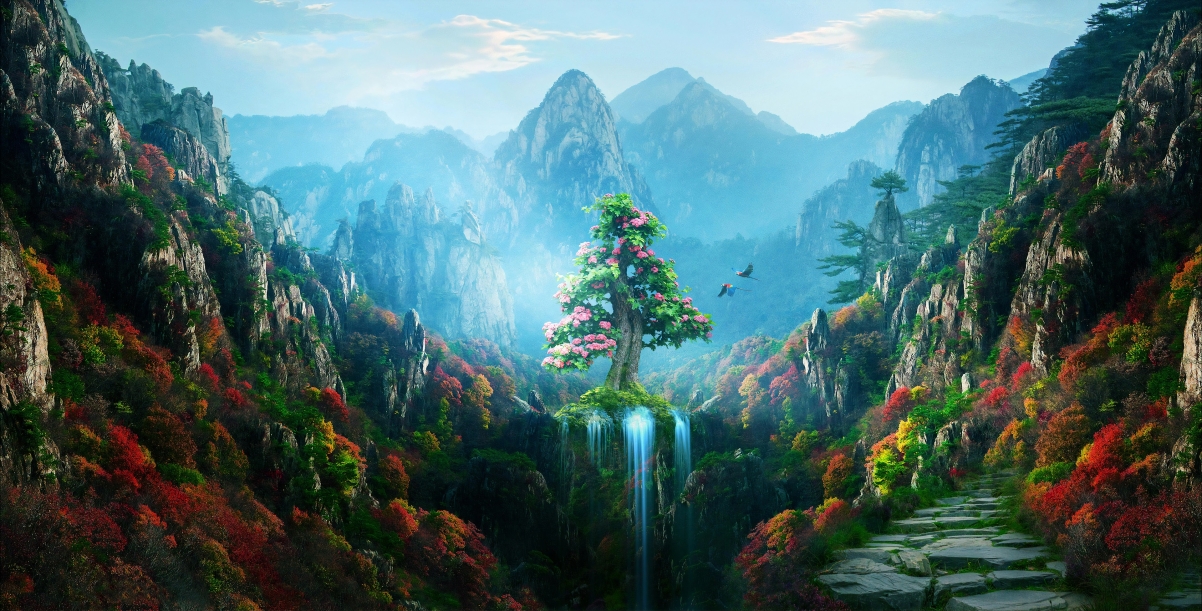 仙境山脉，树花簇拥山谷瀑布，绝美4K风景壁纸高清下载3840x1953