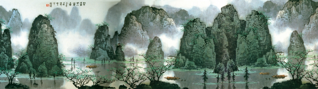 水墨桂林山水4K高清壁纸，3840x1080风景图片下载