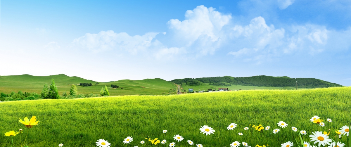 小清新风光，蓝天白云绿草地，4K高清壁纸，3440x1440分辨率，免费下载