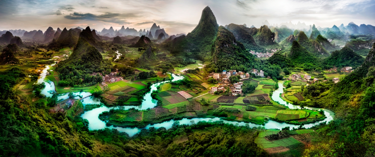 广西桂林山水全景鸟瞰，绝美4K壁纸，3440x1440带鱼屏高清下载