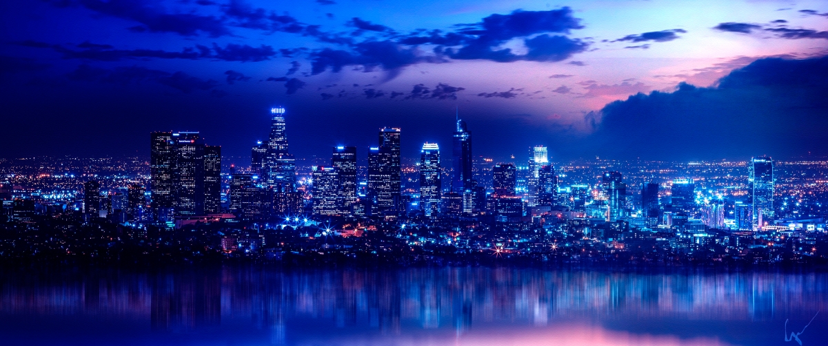 海边城市夜景，绝美天际线4K壁纸，高清3440x1440下载