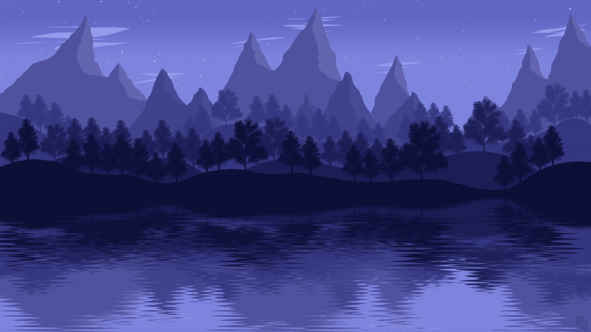 夜晚山水树林河流，高清4K风景壁纸，简约大气，3840x2160超高清下载