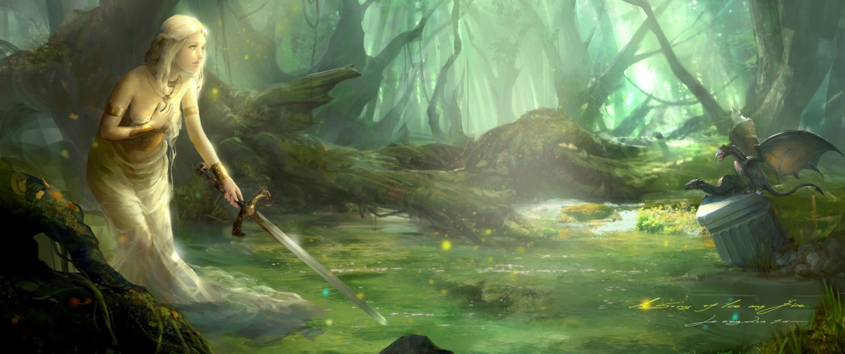 森林河流之女，持剑唯美4K动漫壁纸，高清3440x1440下载