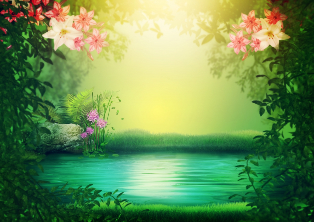 幻想之湖，浪漫心情背景图，鲜花叶子点缀童话神秘，高清5K/4K壁纸下载