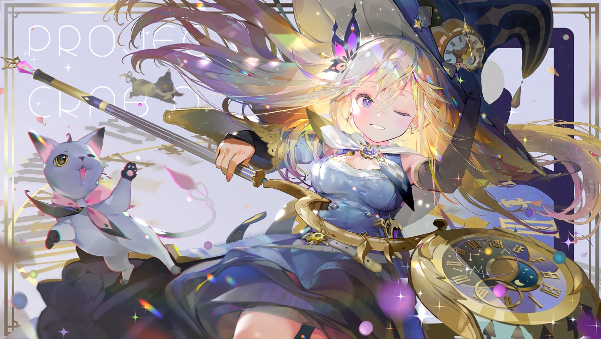 可爱女生闹钟魔法杖，小猫主题4K动漫壁纸，超清4000x2256，一键下载！