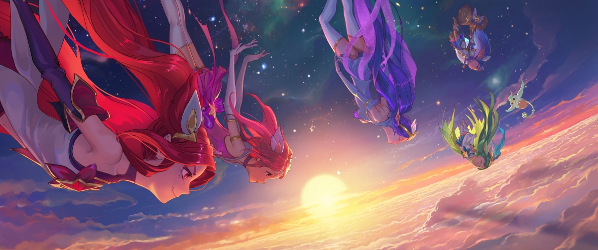 英雄联盟原画精选，绝美天空女孩下降场景，4K超清鱼屏壁纸，3440x1440高清下载