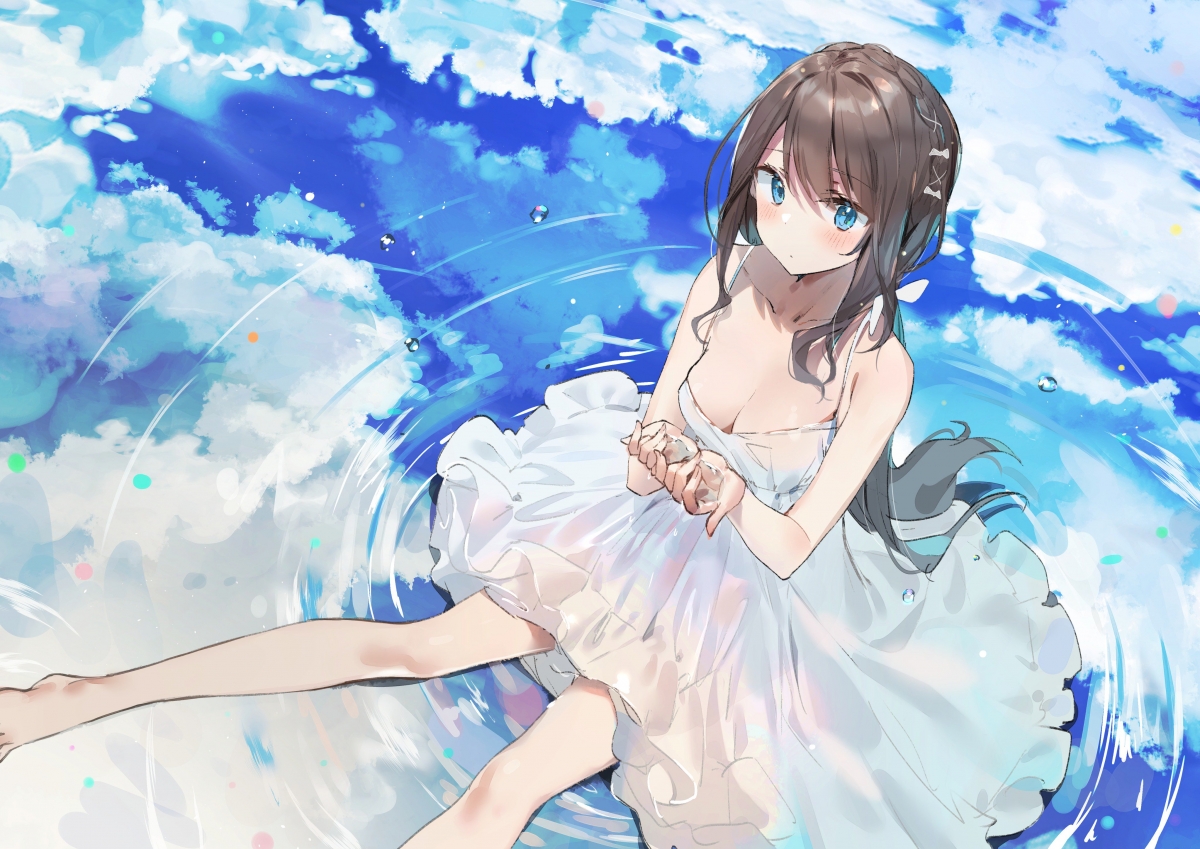 绝美4K动漫壁纸，美少女白裙翩跹，水波倒影映天云，高清4096x2896下载