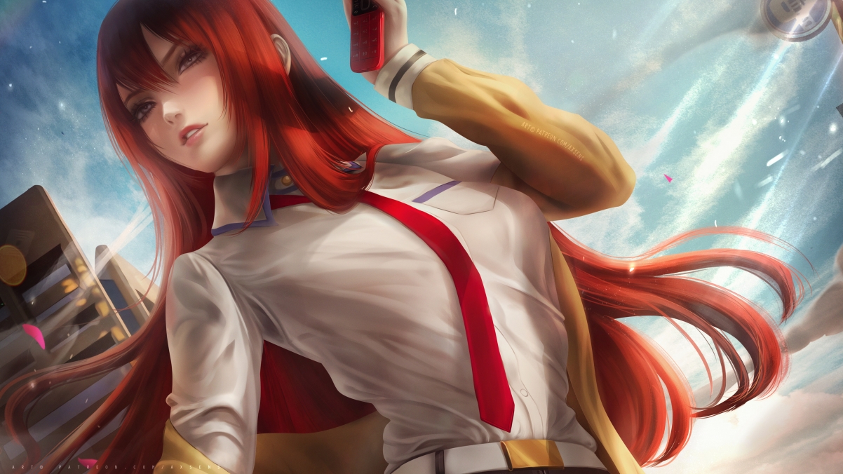 白色衬衫制服美女Kurisu Makise动漫壁纸，牧濑红莉栖高清4K图片，3840x2160分辨率，精美下载