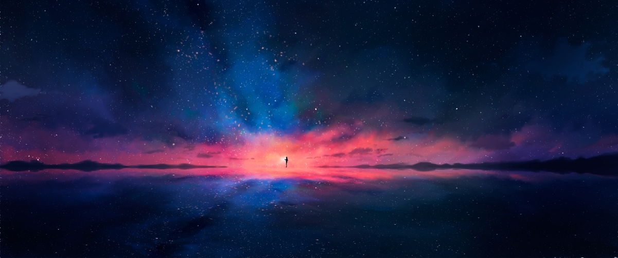 星空背景动漫壁纸，高清4K人物绘画，绝美夜空3440x1440，免费下载
