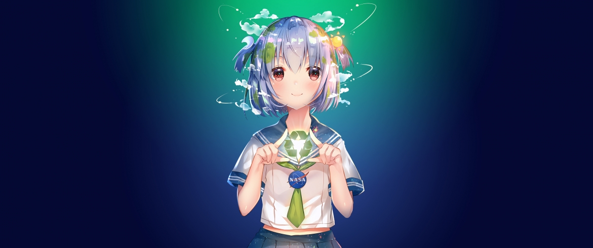 Earth-Chan 萌趣校服女生4K带鱼屏壁纸，高清3440x1440动漫美图，一键下载
