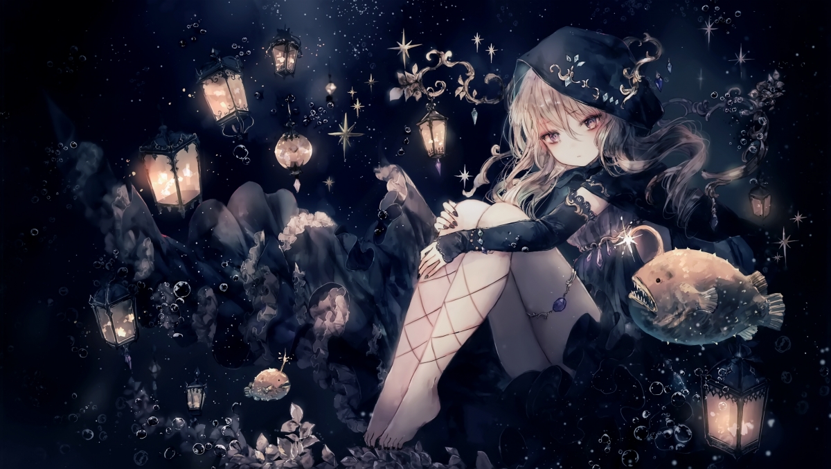 水下奇幻，女生与灯鱼共舞，梦幻泡泡中的4K动漫壁纸，高清4000x2256，免费下载