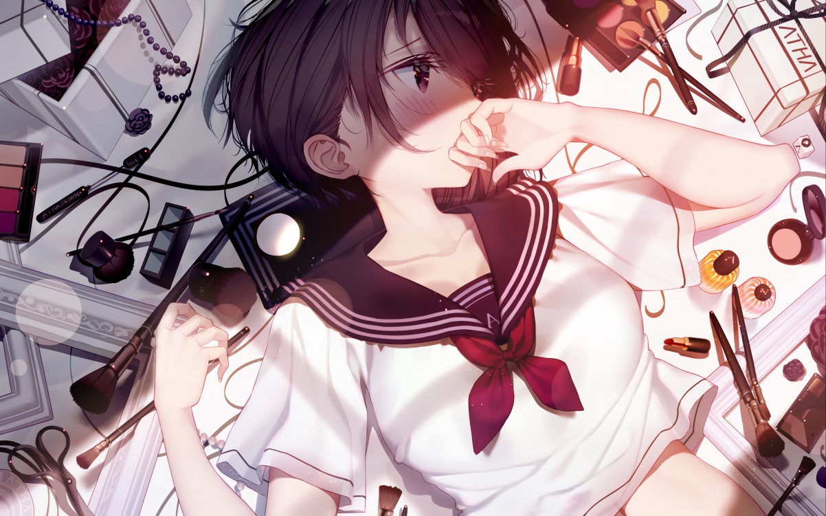水手服女子短发魅力展现，精选化妆品4K动漫壁纸，超清3840x2400免费下载