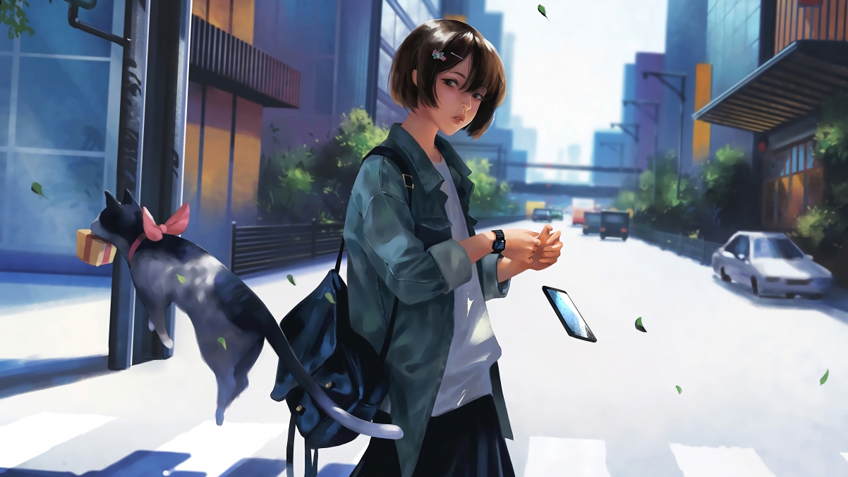 女学生手机萌猫相伴，漫步人行横道，精选4K动漫壁纸，超清3840x2160下载