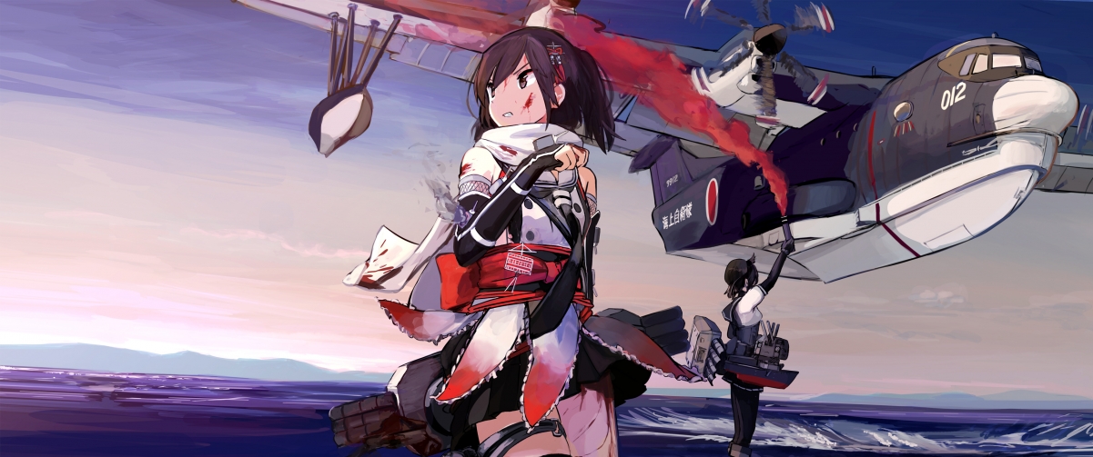 2女孩飞机主题，海上自卫队绝美动漫壁纸，4K高清3440x1440，一键下载，畅享视觉盛宴！
