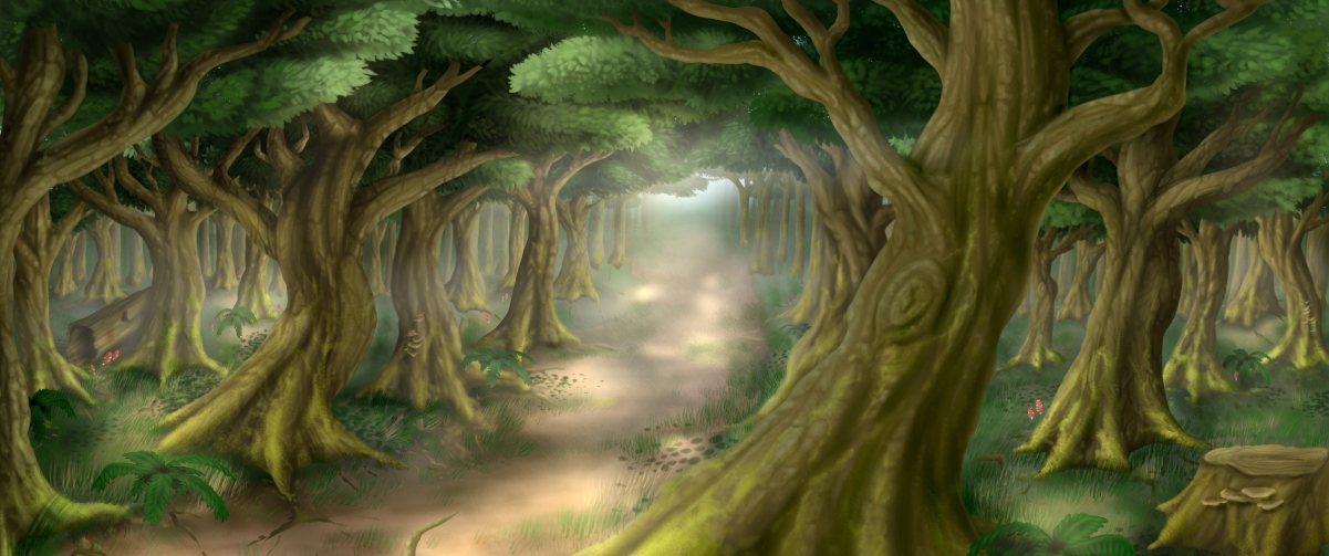 绿色森林小径插画风光，绝美4K高清壁纸，3440x1440分辨率，一键下载