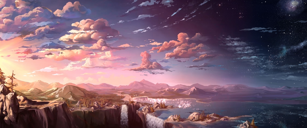 动漫风光，绝美河流瀑布壁纸，4K高清3440x1440，一键下载动漫美景！