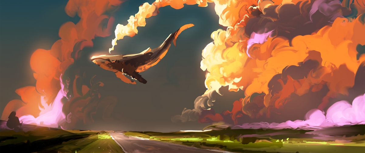 云中鱼影，绝美创意插画灵感，高清4K动漫壁纸3440x1440免费下载