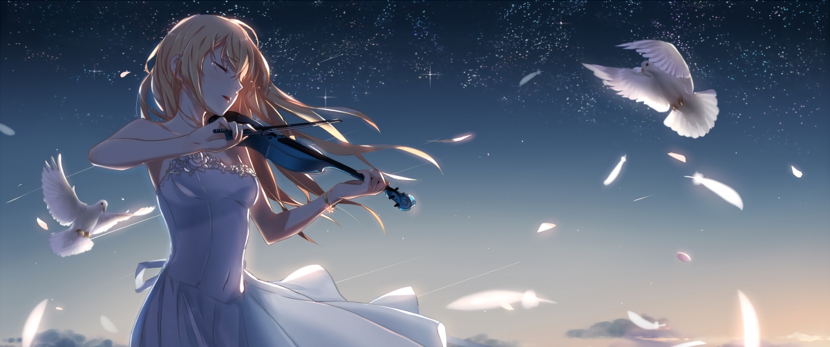 唯美天空下的琴音少女，鸽子伴奏，4K动漫壁纸高清下载（3440x1440）