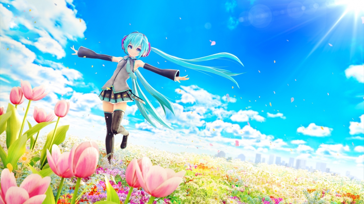 天空花语，初音未来与郁金香共舞，绝美4K动漫壁纸，高清3840x2160，一键下载！