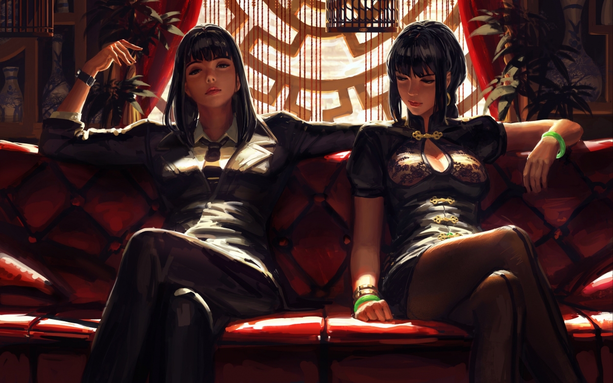 两个动漫女孩身着中式连衣裙与连裤袜，绝美4K壁纸高清下载