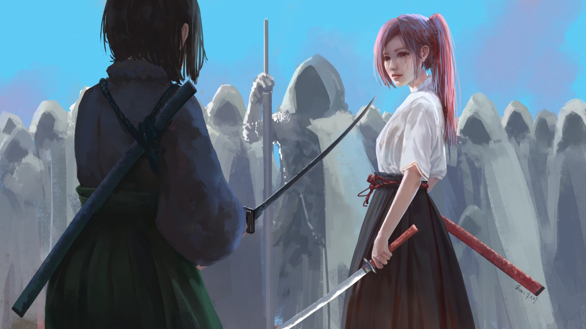 女生红发斗篷武士对决，超清4K动漫插画壁纸，高清下载4283x2409