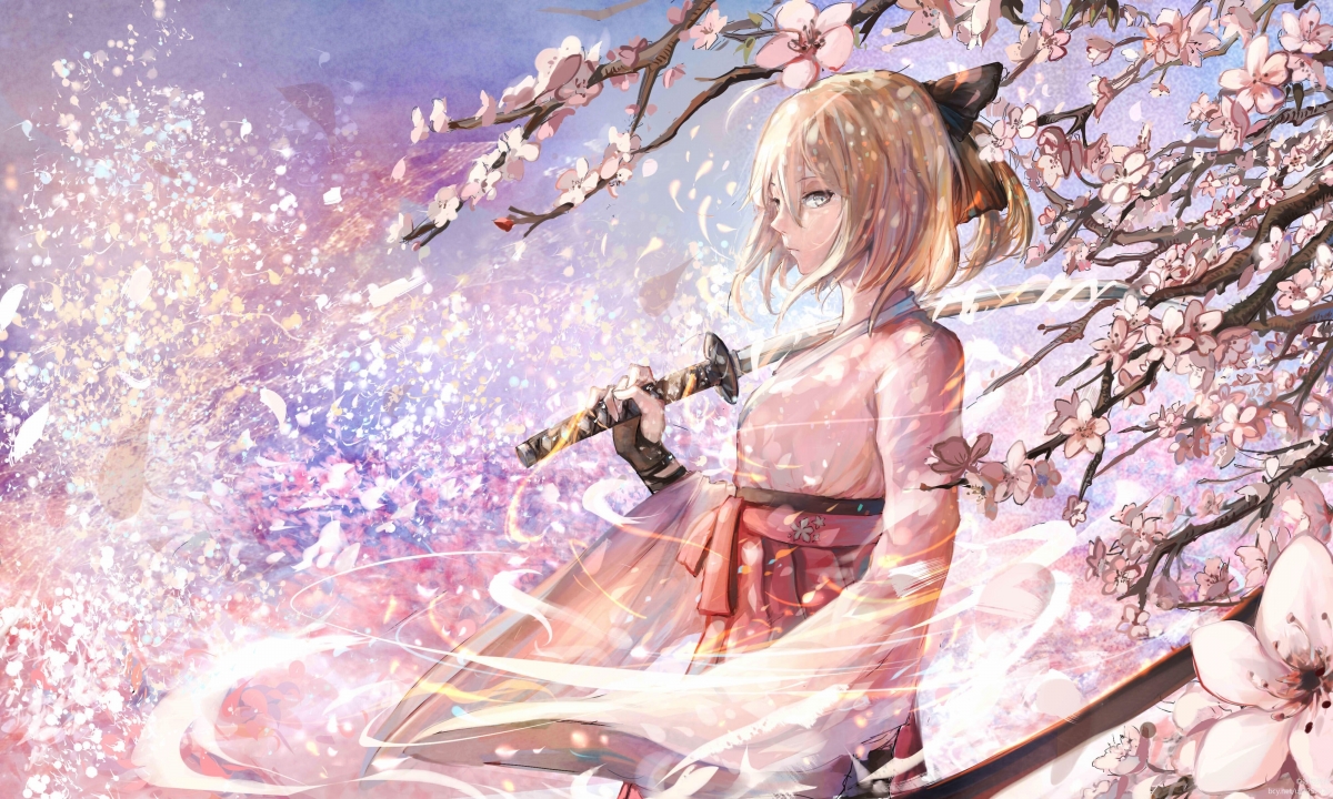 命运之夜，夜幕下的艺术女孩，武士刀与剑的交织，樱花盛开中的Saber，4K动漫壁纸高清下载
