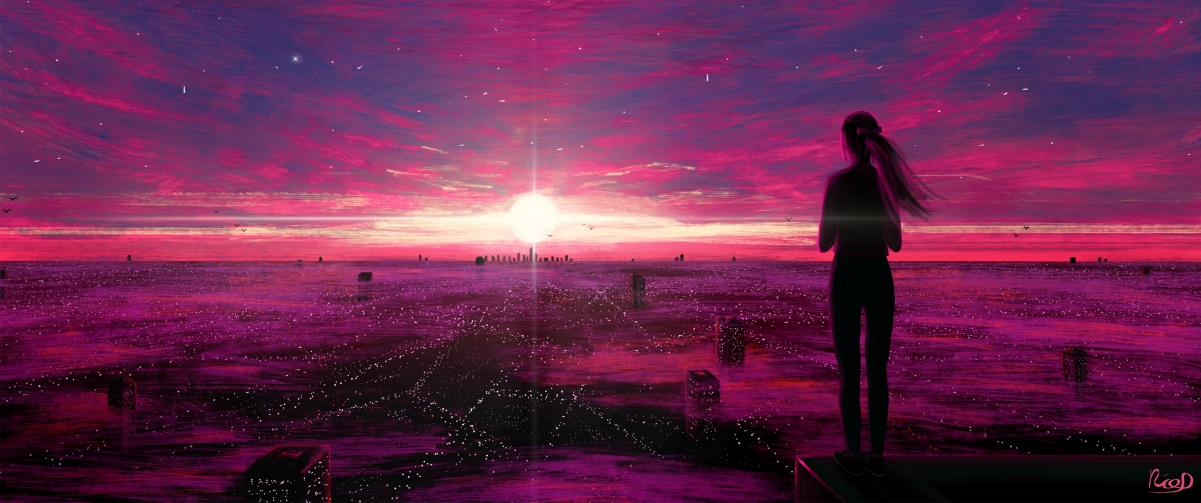 梦幻少女背影，璀璨城市日落，精选4K动漫壁纸，3440x1440高清下载