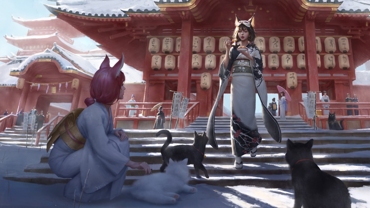 女孩与猫的和服风情，超清4K动漫壁纸，旅游景点背景，高清下载