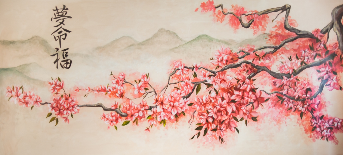 春日山樱盛景，艺术绘画再现，4K高清风景壁纸，4256x1928免费下载