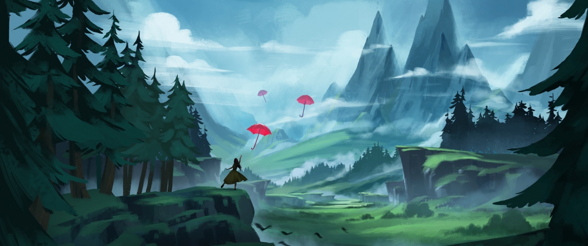 女人撑伞插画，绝美山脉森林风景，4K高清壁纸3440x1440免费下载