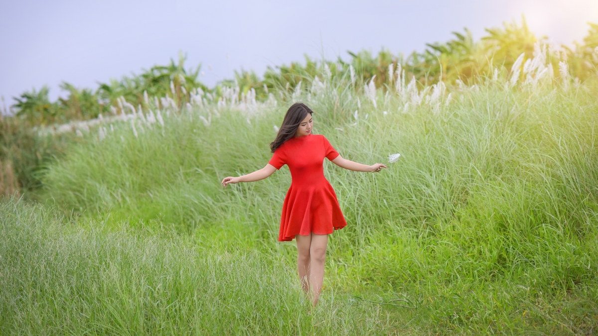 夏日草丛中的红裙少女，绝美4K高清壁纸，4000x2250分辨率，免费下载