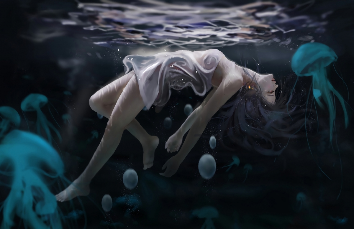 绝美海底世界，女子与梦幻海母共舞，4K高清艺术插画壁纸下载