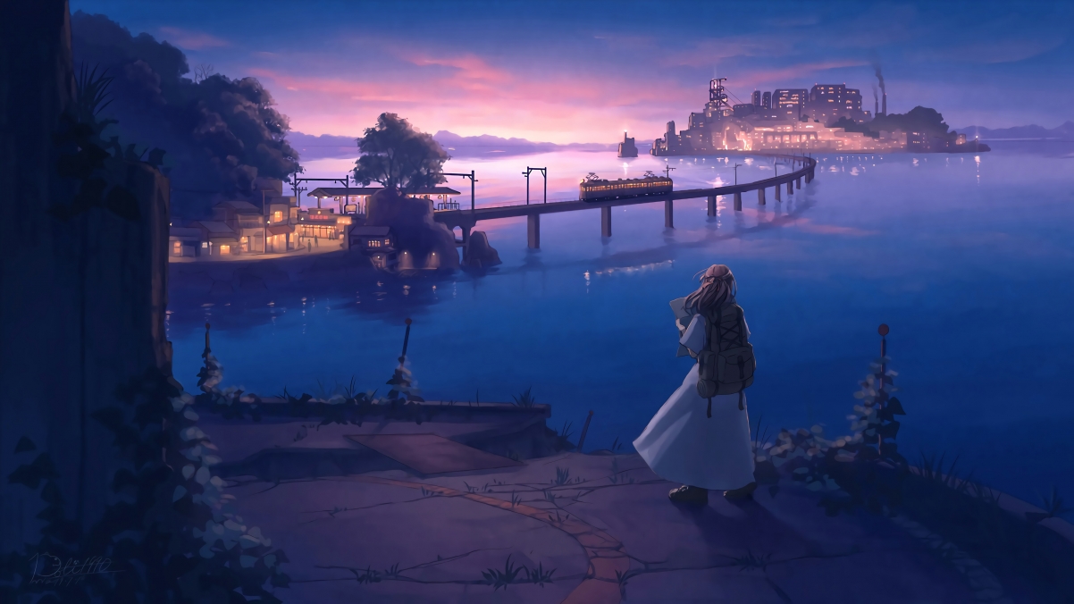 少女旅途，绝美街景风光，黄昏夜景，4K高清动漫壁纸免费下载