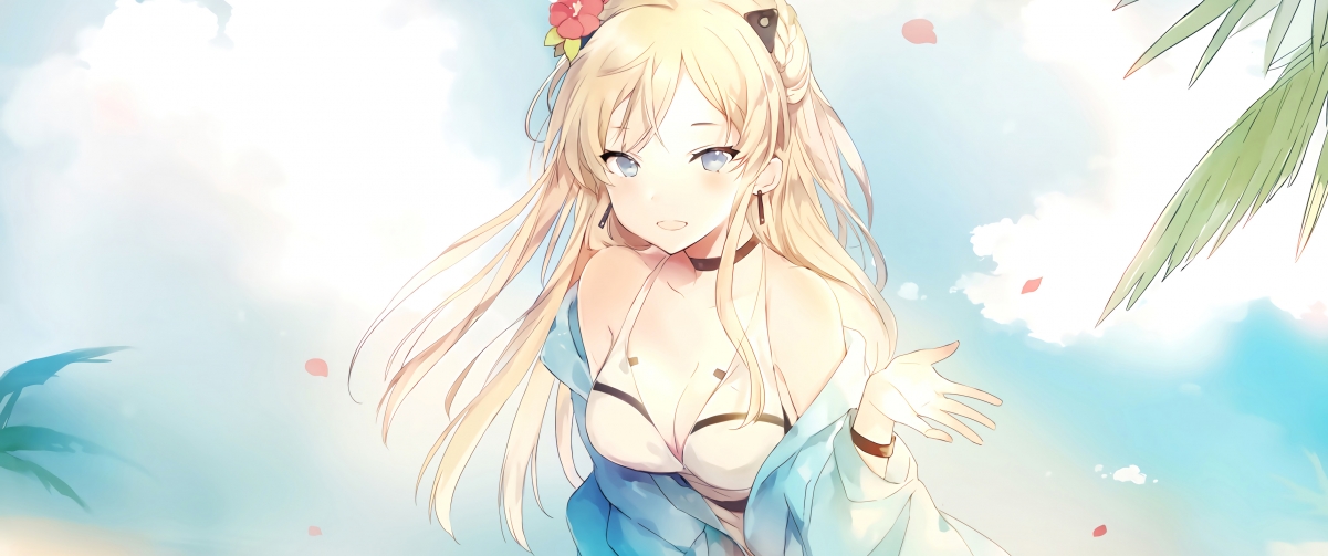 二次元金发美少女4K带鱼屏壁纸，高清3440x1440动漫图片下载