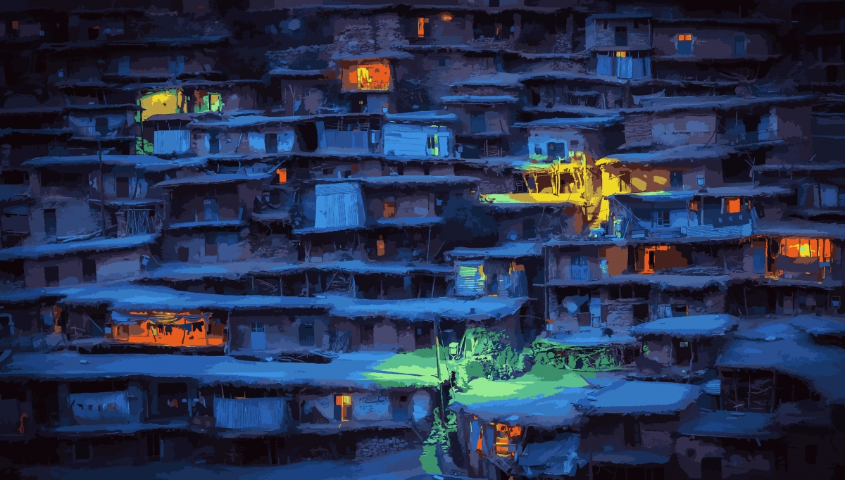 房子与村庄的灯光美景，高清4K动漫插画壁纸下载（4096x2327）