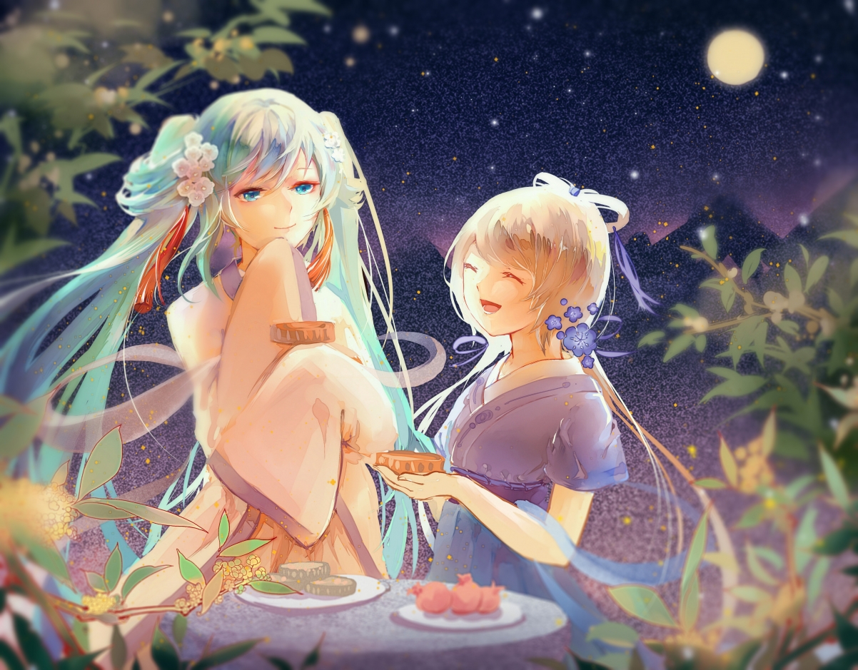 洛天依与初音未来，中国风中秋4K超清壁纸，3840x3000高清下载
